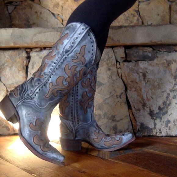 Women's cowboy boots J.B. Dillion size 6.5 distressed black/gray and tan - Picture 1 of 10